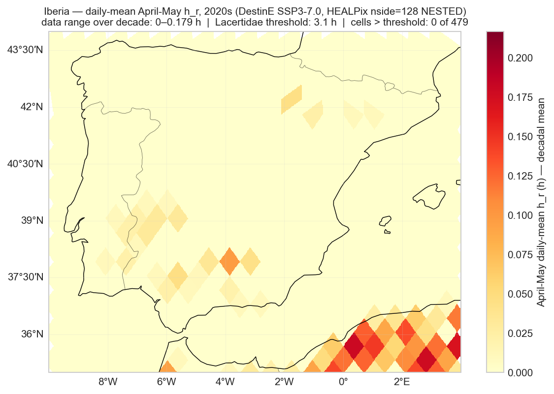 Iberia decadal-mean April-May h_r, 2020s, HEALPix nside=128 NESTED tile rendering.