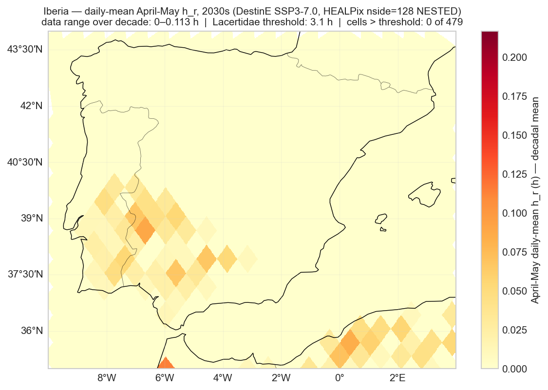 Iberia decadal-mean April-May h_r, 2030s, HEALPix nside=128 NESTED tile rendering.